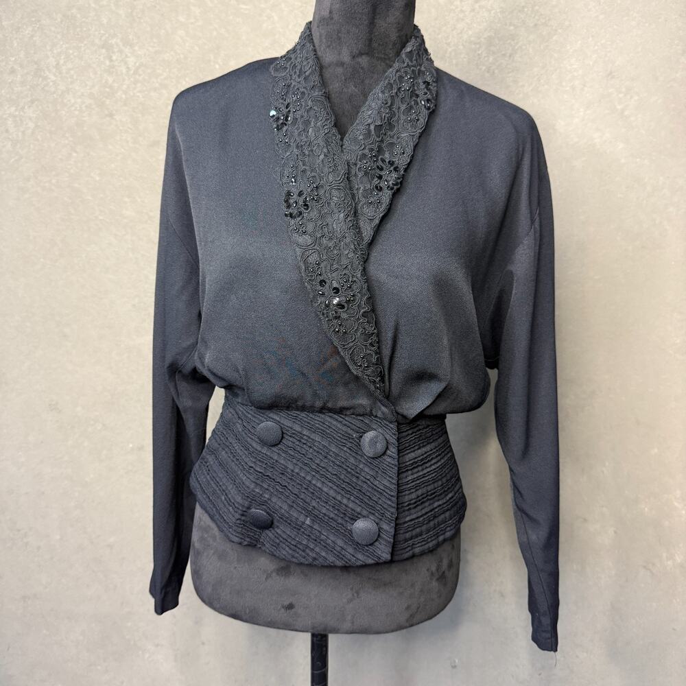 Vintage Sheri Martin New York Collared Peplum Jacket Black Beaded Size 8